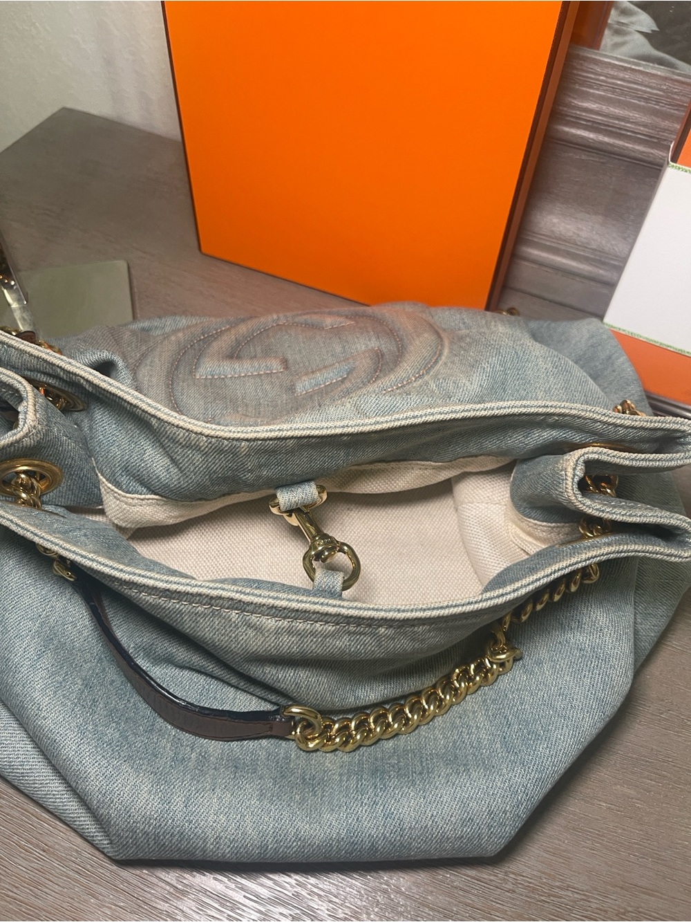 Gucci Light Blue Denim Shoulder Bag with Brown Leather Tassel - Picture 8 of 13